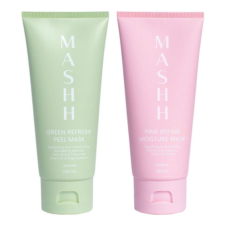 Mashh Green Refresh ja Pink Repair 100 ml kuorivat ja kosteuttavat kasvonaamiot vihreässä ja vaaleanpunaisessa tuubissa.