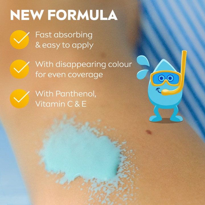 NIVEA Sun Protect & Care Kids Spray 200 ml SPF50+ aurinkovoide näyttää iholla haalistuvan sinisen koostumuksen.