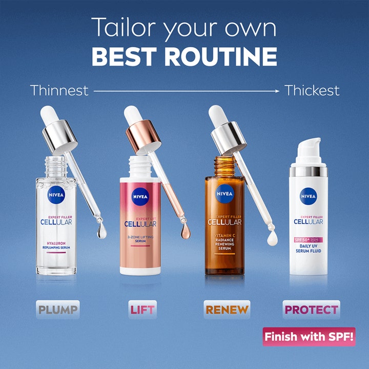 NIVEA Cellular Expert Filler Daily UV Fluid 30 ml suojaava SPF50 voide valkoisessa pullossa osana ihonhoitorutiinia.