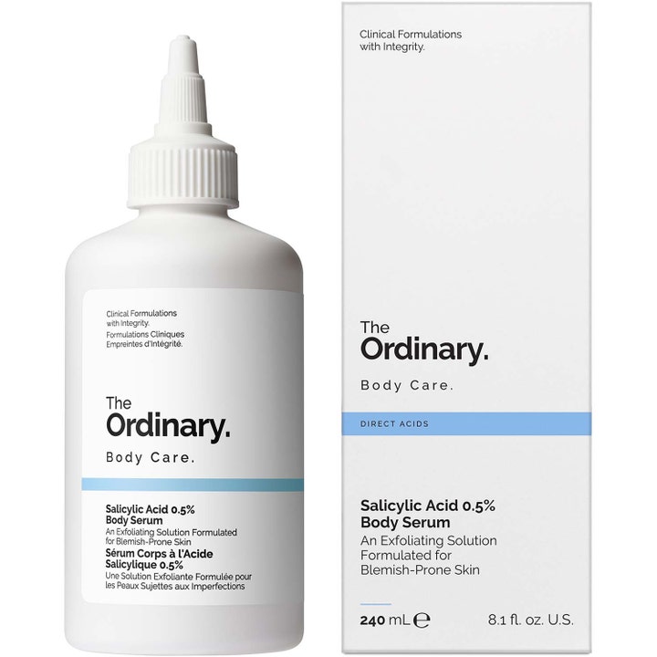The Ordinary Salicylic Acid 0.5% Body Serum 240 ml kuoriva vartaloseerumi valkoisessa kierrekorkillisessa pullossa.