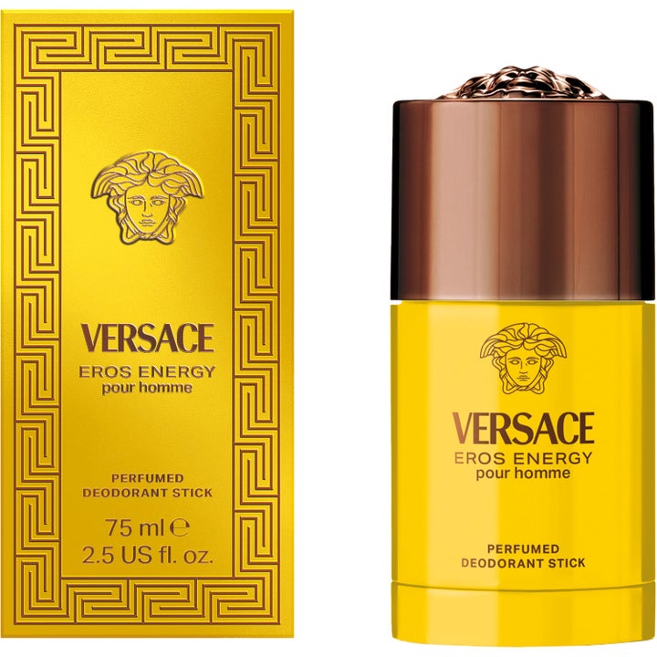 Versace Eros Energy 75 ml deodoranttikku keltaisessa pakkauksessa ja hylsyssä pronssisella korkilla
