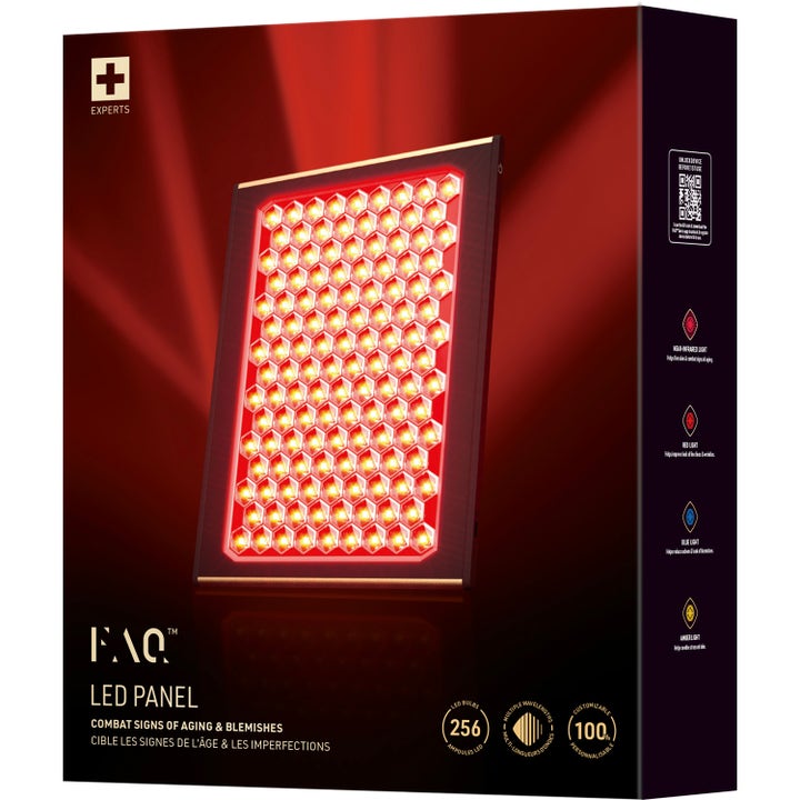 FAQ Swiss FAQ LED Panel 1 kpl ihonhoitolaite punaisessa pakkauksessa jossa on 256 LED-valoa.