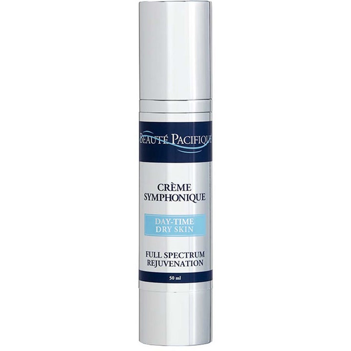 Beauté Pacifique Crème Symphonique Day-Time Dry Skin 50 ml uudistava päivävoide hopeanvärisessä pumppupullossa.