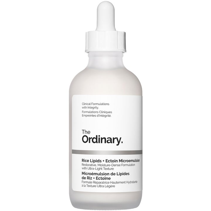 The Ordinary Rice Lipids + Ectoin Microemulsion 30 ml korjaava seerumi huurteisessa lasipullossa valkoisella pipetillä