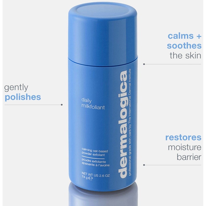Dermalogica Daily Milkfoliant 74 g kaurapohjainen kuorintajauhe sinisessä pullossa, joka rauhoittaa ja kirkastaa ihoa.