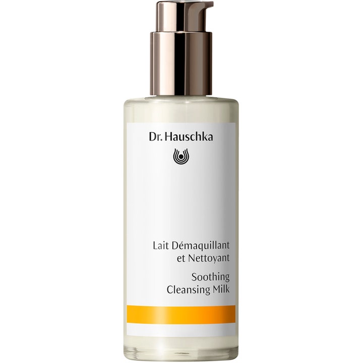 Dr. Hauschka Soothing Cleansing Milk 145 ml rauhoittava puhdistusemulsio lasisessa pullossa jossa on hopeinen pumppu