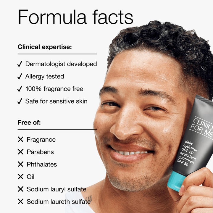 Clinique Clinique For Men Daily Hydrator SPF 50 75 ml kosteuttava päivävoide harmaassa tuubissa miehen pitelemänä