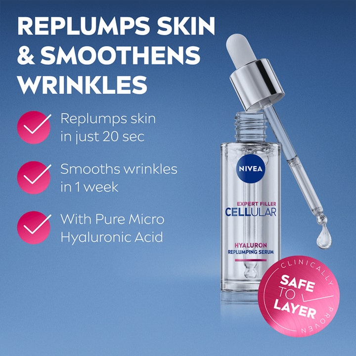 NIVEA Cellular Expert Filler 30 ml hyaluronihapposeerumi kirkkaassa lasipullossa silottaa ryppyjä ja täyteläistää.