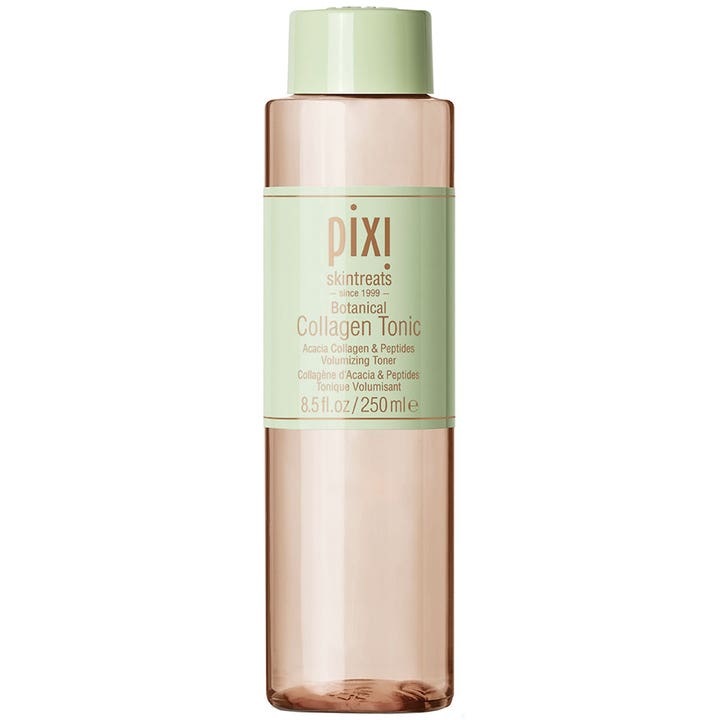 Pixi Botanical Collagen Tonic 250 ml ihoa täyteläistävä kasvovesi vaaleanruskeassa pullossa ja vihreällä korkilla.