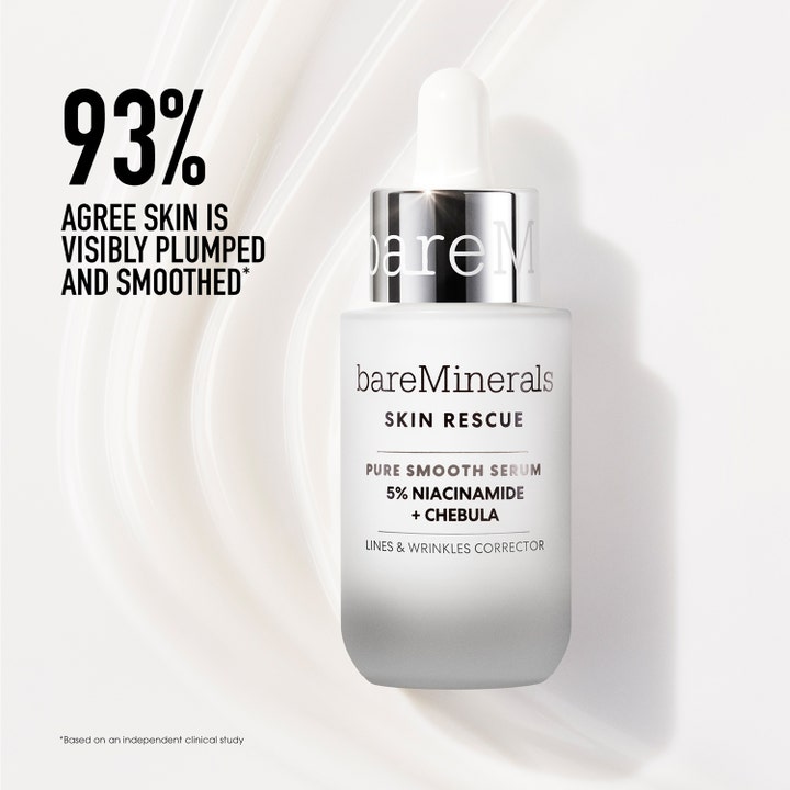 bareMinerals Skin Rescue Pure Smooth Serum 30 ml silottava seerumi huurteisessa pullossa 93 % tuloslupauksella.