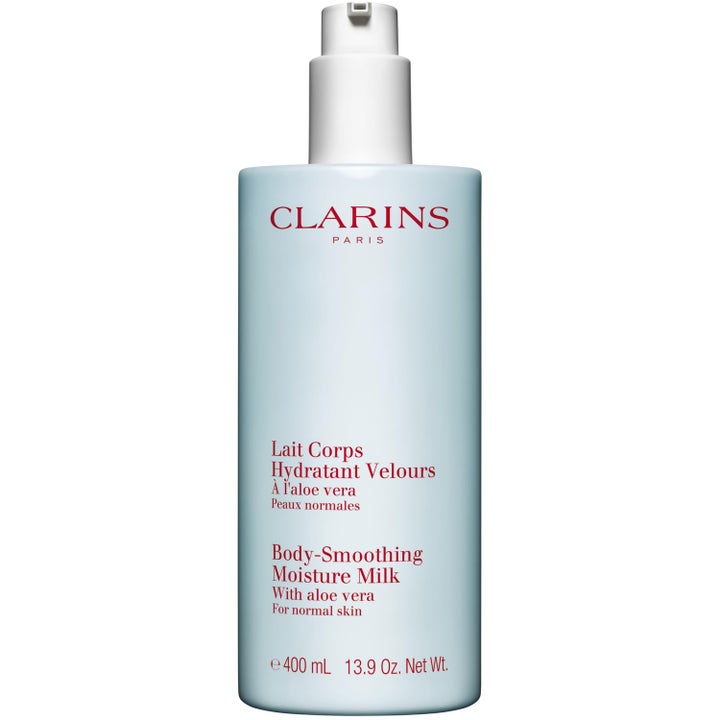 Clarins Body-Smoothing Moisture Milk 400 ml kosteuttava vartalomaito vaaleansinisessä pumppupullossa.