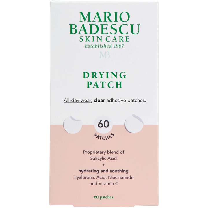 Mario Badescu Drying Patch 60 kpl rauhoittava finnilaastari salisyylihapolla valkoisessa ja persikanvärisessä rasiassa.