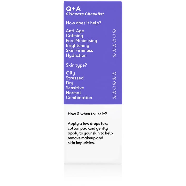 Q+A Glycolic Acid Daily Toner 100 ml kirkastava kasvovesi pakkauksen kyljessä olevalla ihonhoitolistalla.