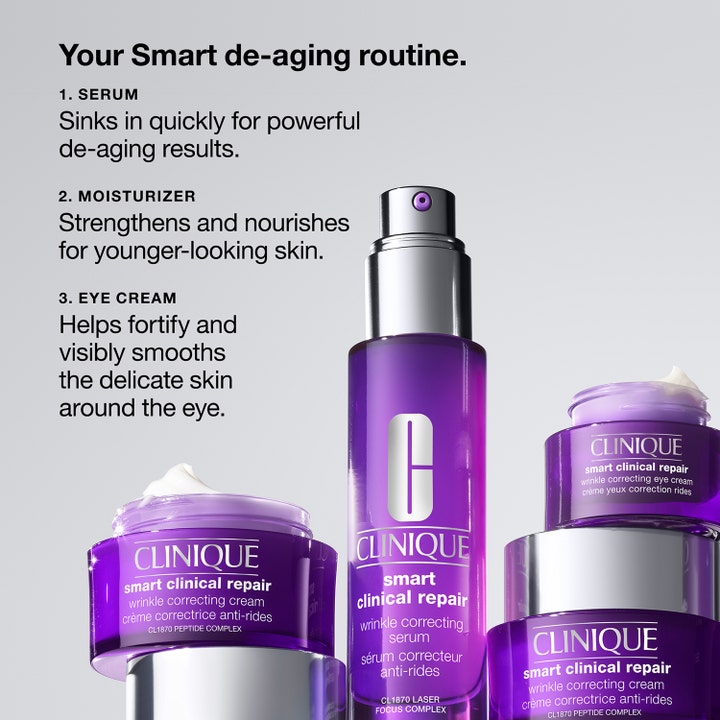 Clinique Smart Clinical Repair Wrinkle Correcting Eye Cream 15 ml silottaa juonteita osana violettia ihonhoitorutiinia