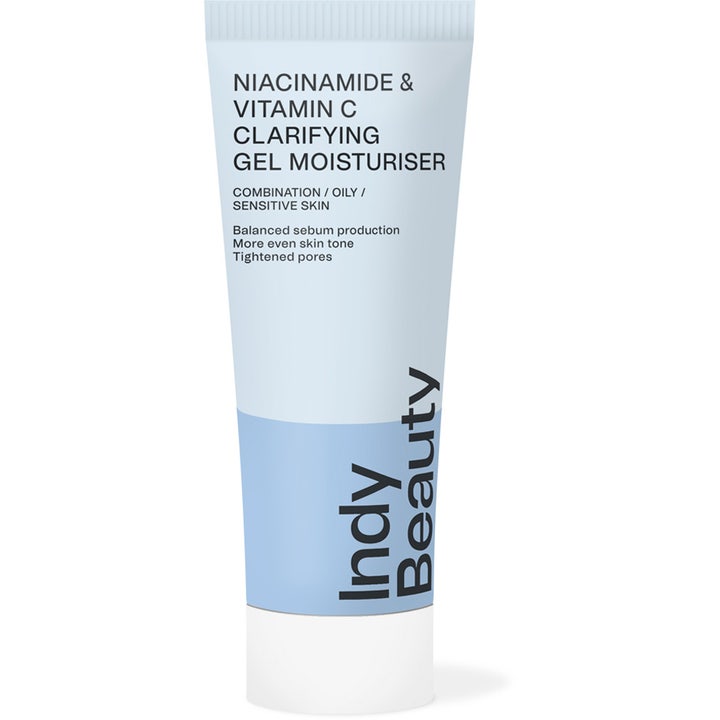 Indy Beauty Niacinamide &amp; Vitamin C Clarifying Gel Moisturiser kirkastava geelivoide vaaleansinisessä muovituubissa.