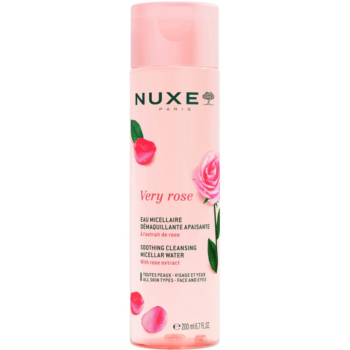 Nuxe Very Rose 200 ml rauhoittava misellivesi vaaleanpunaisessa pullossa, jossa on ruusukuvioita.