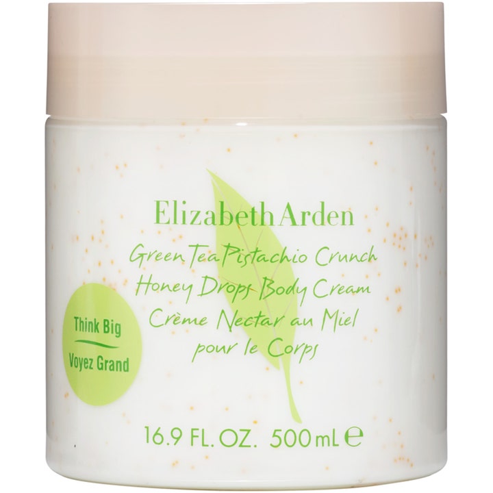 Elizabeth Arden Green Tea Pistachio Crunch 500 ml kosteuttava vartalovoide valkoisessa purkissa jossa on vaalea kansi