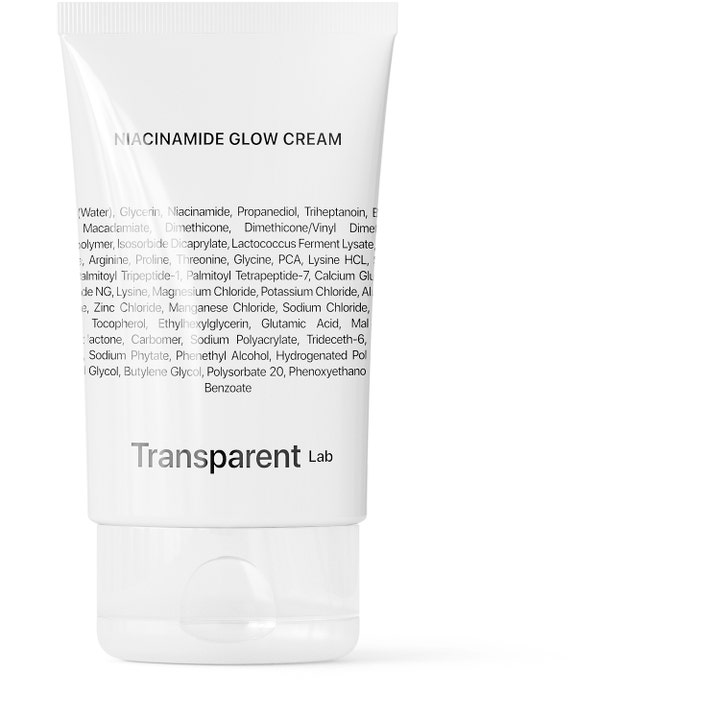 Transparent Lab Niacinamide Glow Cream 50 ml kirkastava kasvovoide valkoisessa tuubissa, jossa on ainesosaluettelo.