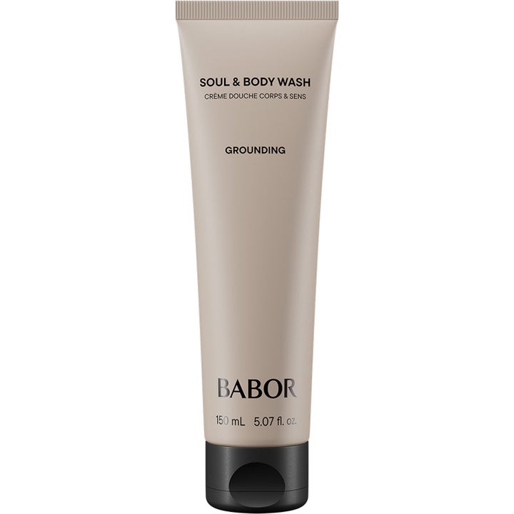 Babor Soul & Body Wash Grounding 150 ml rauhoittava suihkuvoide hiekanvärisessä tuubissa, jossa on musta korkki