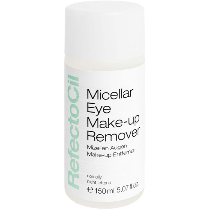 RefectoCil Micellar Eye Make-up Remover 150 ml puhdistustuote valkoisessa pullossa poistaa meikin tehokkaasti.