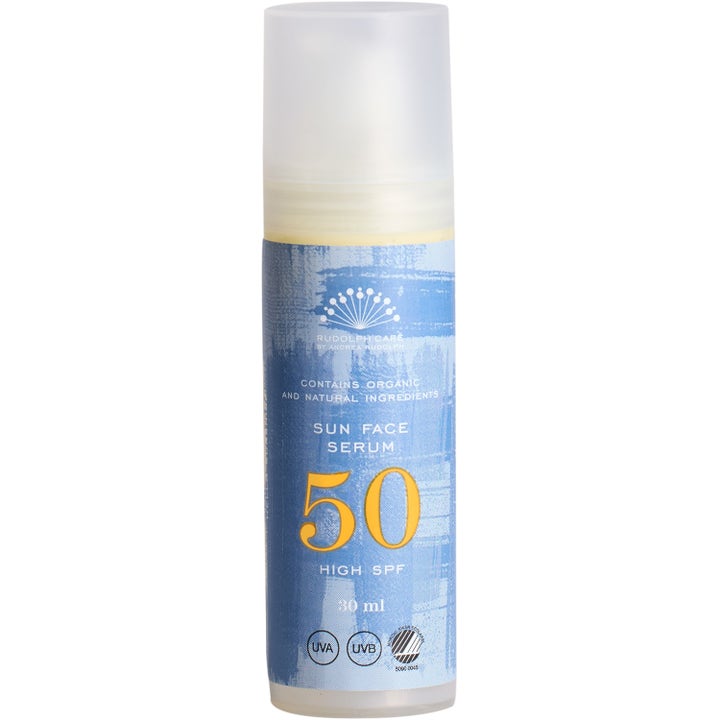Rudolph Care Sun Face Serum 30 ml korkea aurinkosuoja SPF 50 sinisessä pumppupullossa huurteisella korkilla