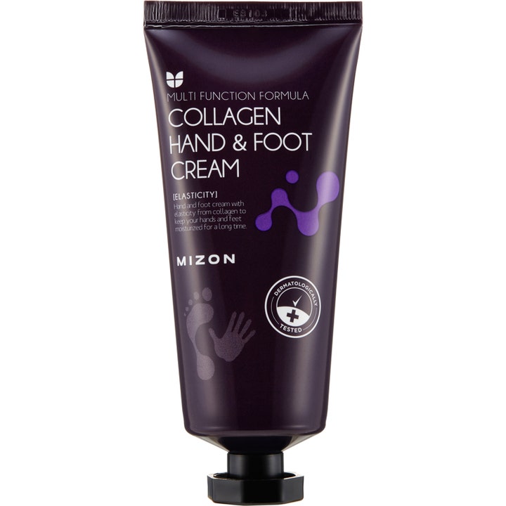 Mizon Collagen Hand & Foot Cream kimmoisuutta lisäävä voide tummanliilassa tuubissa liilalla grafiikalla.
