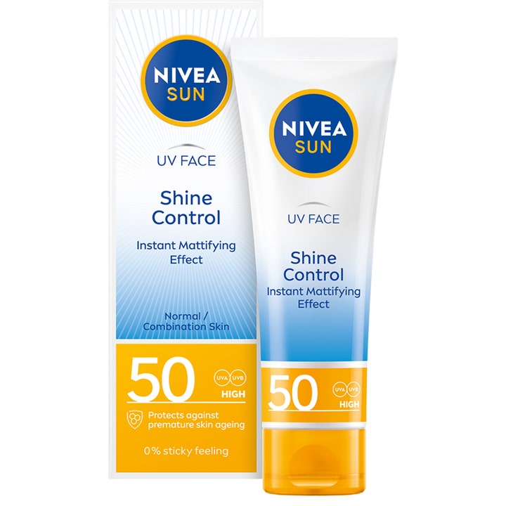 Nivea Sun UV Face Shine Control SPF 50 mattapinnan antava aurinkovoide valkoisessa tuubissa ja pakkauksessa