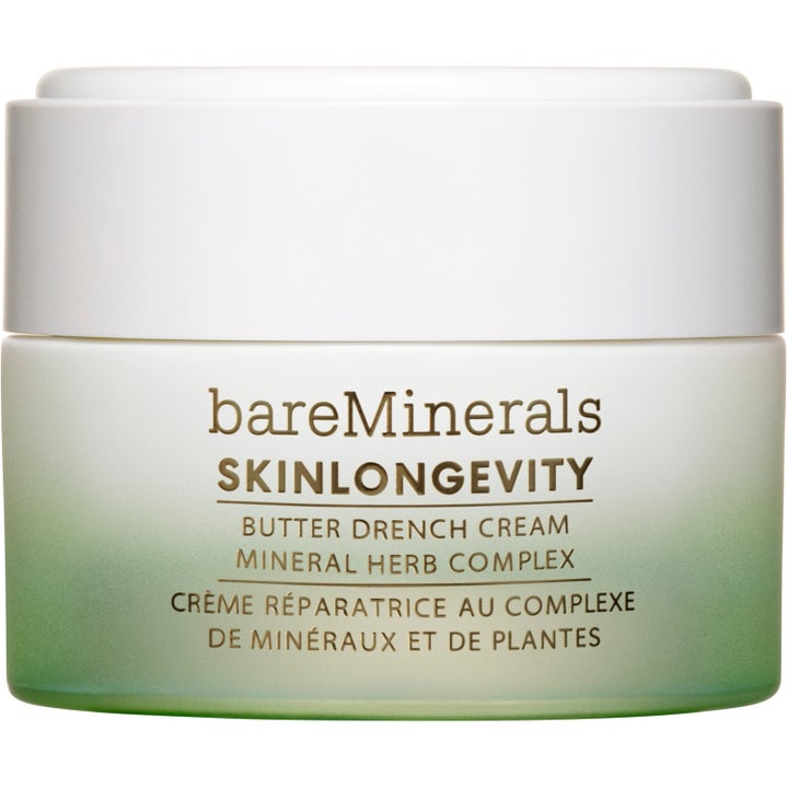 bareMinerals Skinlongevity Butter Drench Cream kosteuttava kasvovoide vihreävalkoinen liukuvärjätty purkki valkoisella korkilla