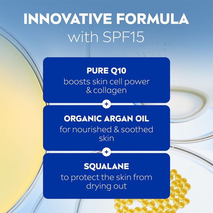 NIVEA Q10 Extra Nourish Day Cream 50 ml ravitseva päivävoide SPF15 sisältää Q10-yhdistettä, arganöljyä ja skvalaania.