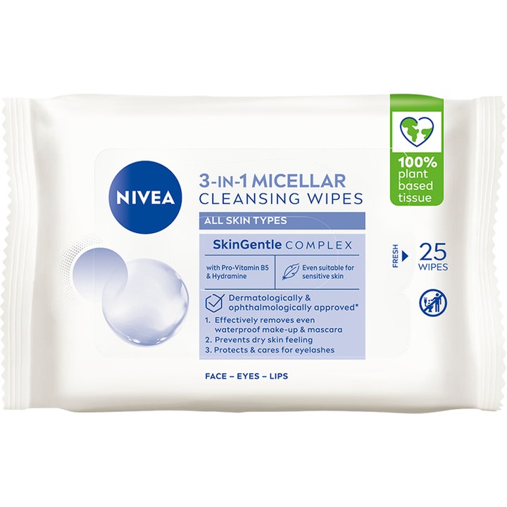 Nivea 3-in-1 Micellar Cleansing Wipes 25 kpl puhdistusliinat valkoisessa pakkauksessa, jossa on sinisiä yksityiskohtia