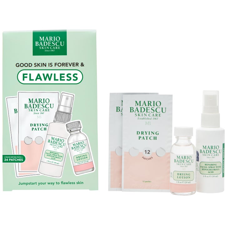 Mario Badescu Good Skin Is Forever & Flawless 3 osaa setti epäpuhtauksille sisältää sprayn, lotionin ja laastareita.