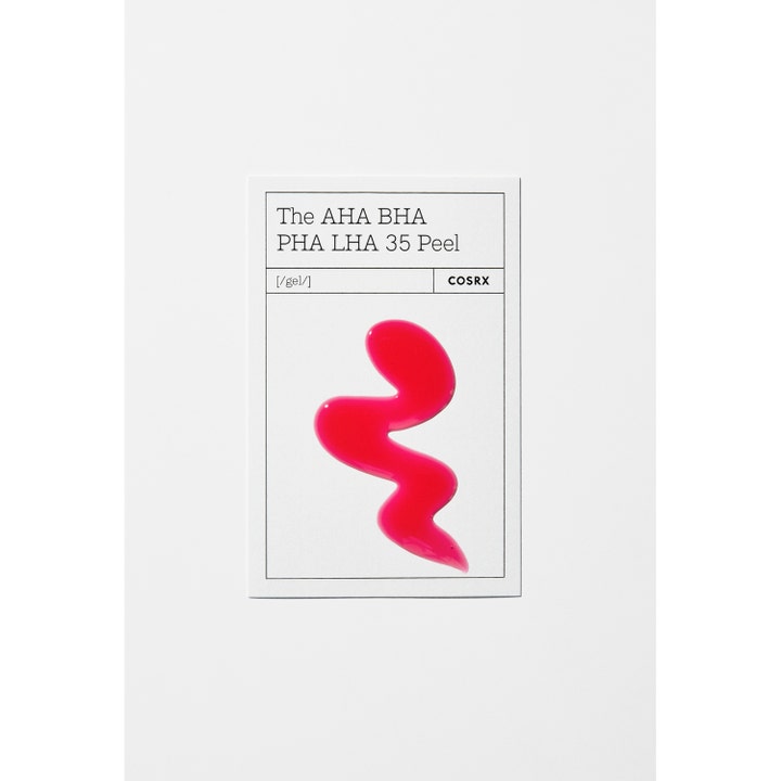 COSRX The AHA BHA PHA LHA 35 Peel 30 ml kirkastava kuorinta-aine, jossa on pinkki aaltomainen geelikoostumus.