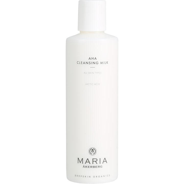Maria Åkerberg AHA Cleansing Milk kirkastava puhdistusmaito maitohapolla pelkistetyssä valkoisessa muovipullossa