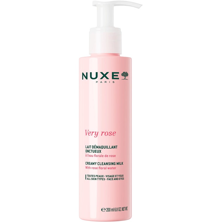 Nuxe Very Rose 200 ml puhdistusmaito rauhoittaa ihoa vaaleanpunaisessa pumppupullossa.