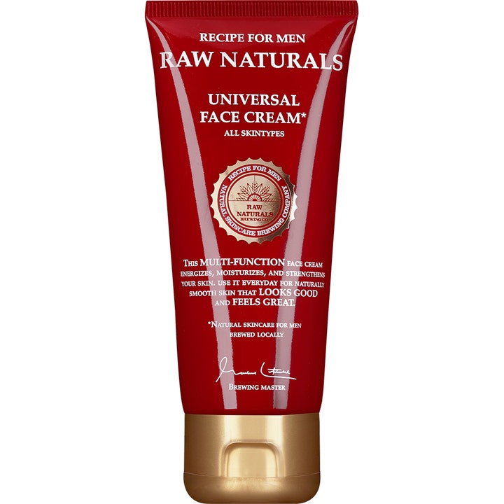 Raw Naturals Universal Face Cream kosteuttava kasvovoide punaisessa tuubissa, jossa on pronssinen korkki.