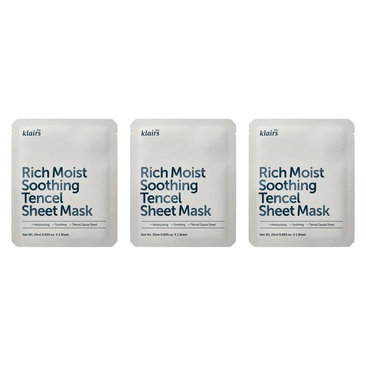 Klairs Rich Moist Soothing Tencel Sheet Mask 25 ml kosteuttava kangasnaamio kolmessa valkoisessa pussissa