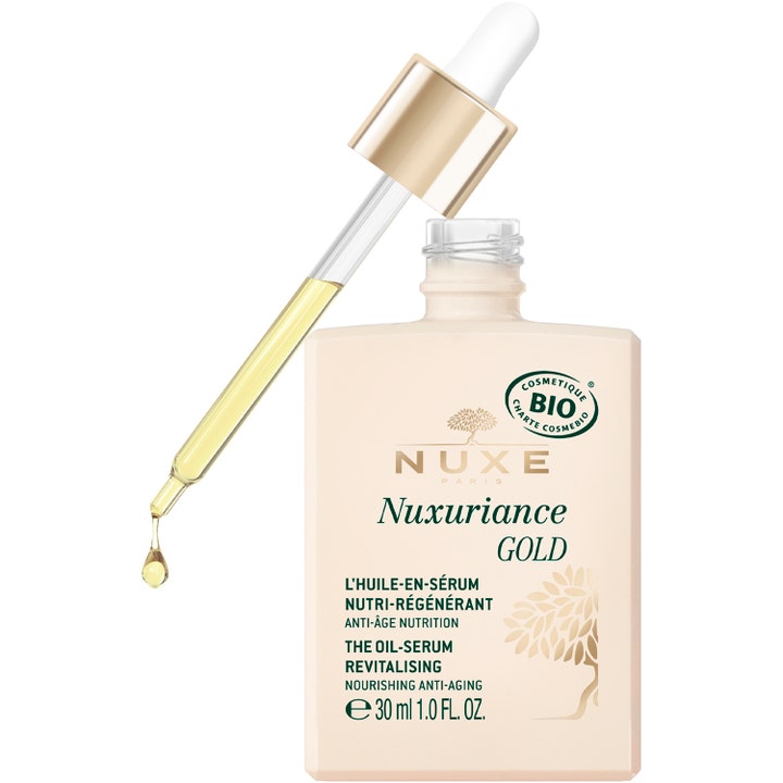 Nuxe Nuxuriance Gold Serum 30 ml ravitseva anti-age kasvoseerumi ja lasinen pipetti, jossa kultainen öljypisara