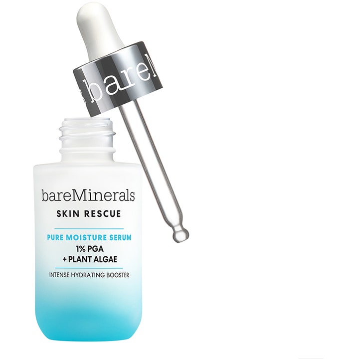 bareMinerals Skin Rescue Pure Moisture Serum 30 ml kosteuttava seerumi valko-sinisessä pullossa ja hopeinen pipetti.