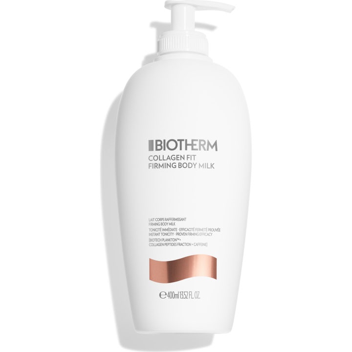 Biotherm Collagen Fit Firming Body Milk 400 ml kiinteyttävä vartalomaito valkoisessa pumppupullossa ruusukultaisella kuviolla.