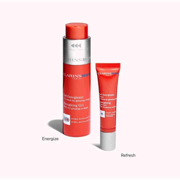 Clarins Clarins Men Energizing Gel 50 ml virkistävä kasvogeeli ja silmänympärysgeeli oransseissa pakkauksissa.