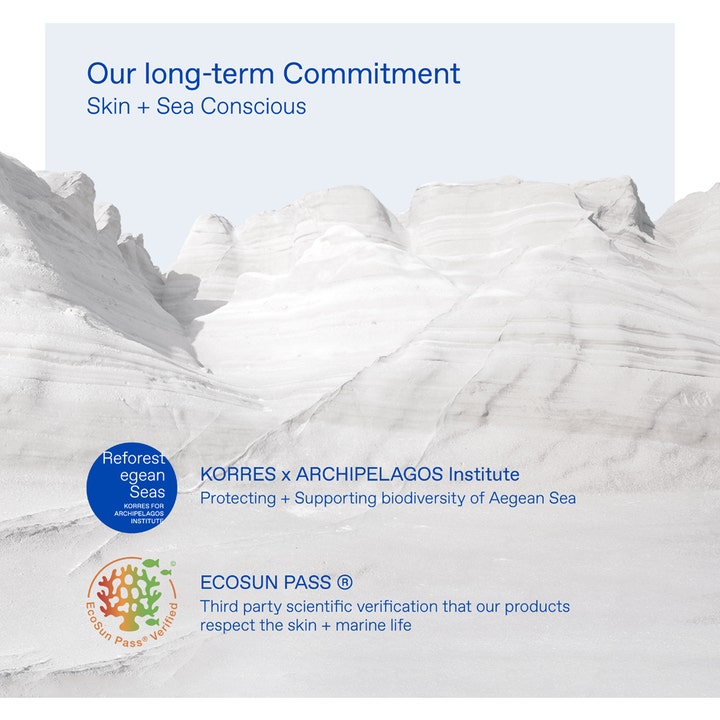 Korres Yoghurt Face Sunscreen 50 ml aurinkovoide kasvoille. Valkoisia kallioita ja tekstiä merten suojelusta ja EcoSun Pass.