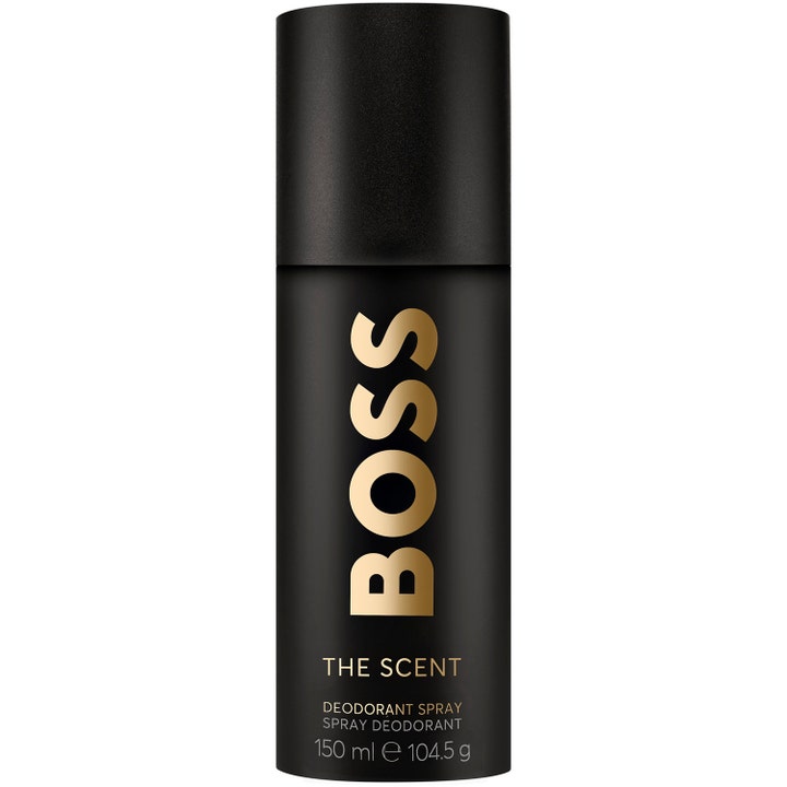 Boss The Scent 150 ml deodoranttisuihke antaa raikkautta tyylikkäässä mattamustassa pullossa kultaisella tekstillä.