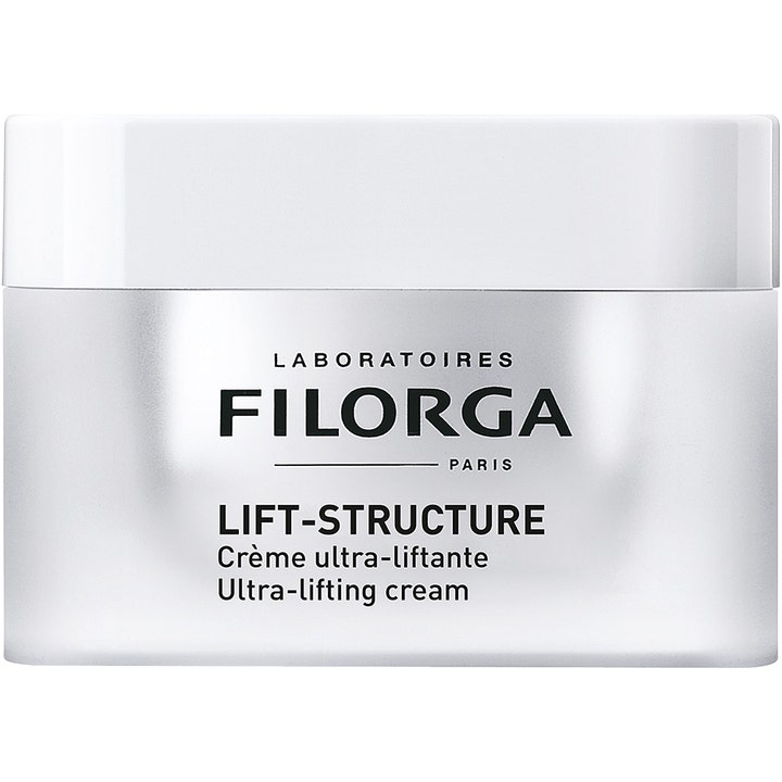 Filorga Lift-Structure kiinteyttävä ja kohottava kasvovoide hopeanhohtoisessa purkissa valkoisella kannella