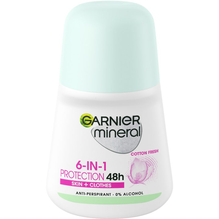 Garnier Mineral 6-in-1 Protection 48h Cotton Fresh 50ml anti-perspirantti suojaa ihoa ja vaatteita valkoisessa pullossa.
