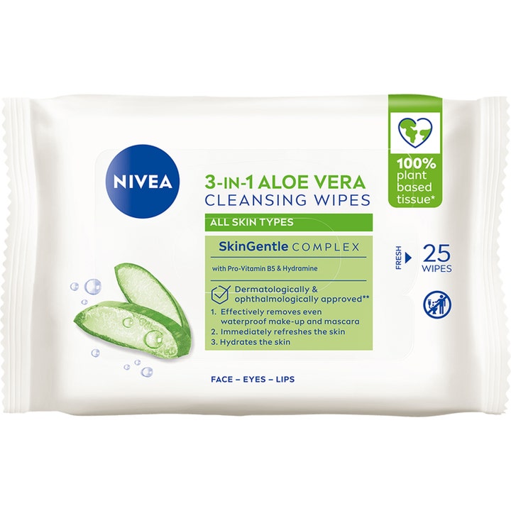 Nivea 3-in-1 Aloe Vera Cleansing Wipes 25 kpl kosteuttavat puhdistusliinat valkoisessa pakkauksessa vihreällä aloe kuviolla.