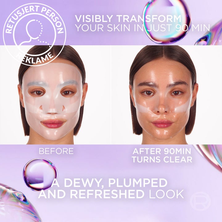 L'Oréal Paris Revitalift Filler Glass Skin Mask 1 kpl kangasnaamio muuttuu valkoisesta kirkkaaksi ja heleyttää ihoa.