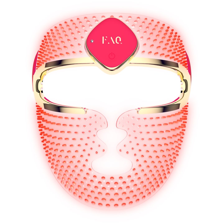 FAQ 202 ihoa uudistava LED-kasvonaamio pinkki silikoninen muotoilu kultaisilla yksityiskohdilla ja punaisella valolla.