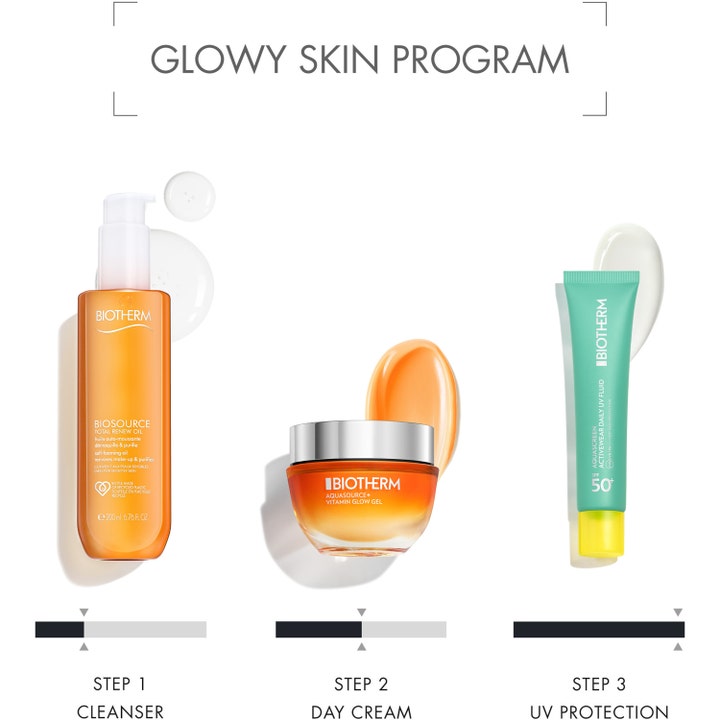 Biotherm Aquascreen Uv Daily SPF50 40 ml aurinkovoide kasvoille kolmivaiheisessa Glowy Skin Program -rutiinissa.