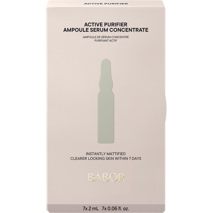 Babor Ampoule Active Purifier 14 ml puhdistava seerumi beigessä pakkauksessa vihreällä ampulli-ikonilla