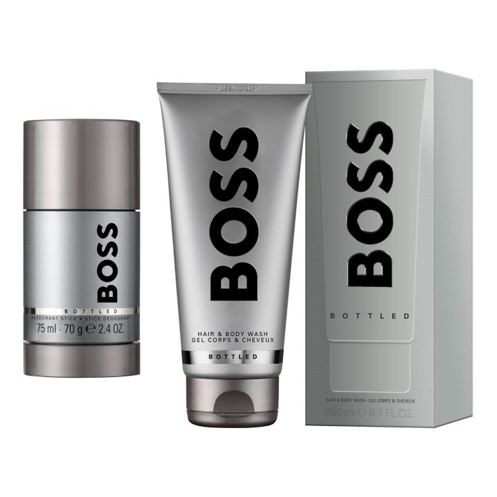 Hugo Boss BOSS Bottled 75 ml raikastava miesten setti harmaassa deostickissä ja metallinhohtoisessa tuubissa.